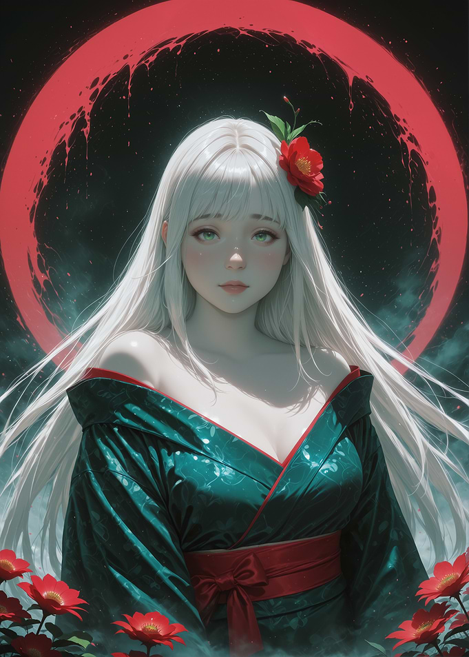 Anime Girl in Kimono with Red Flowers