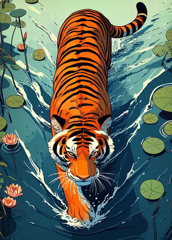 Tiger wading through water with lilies