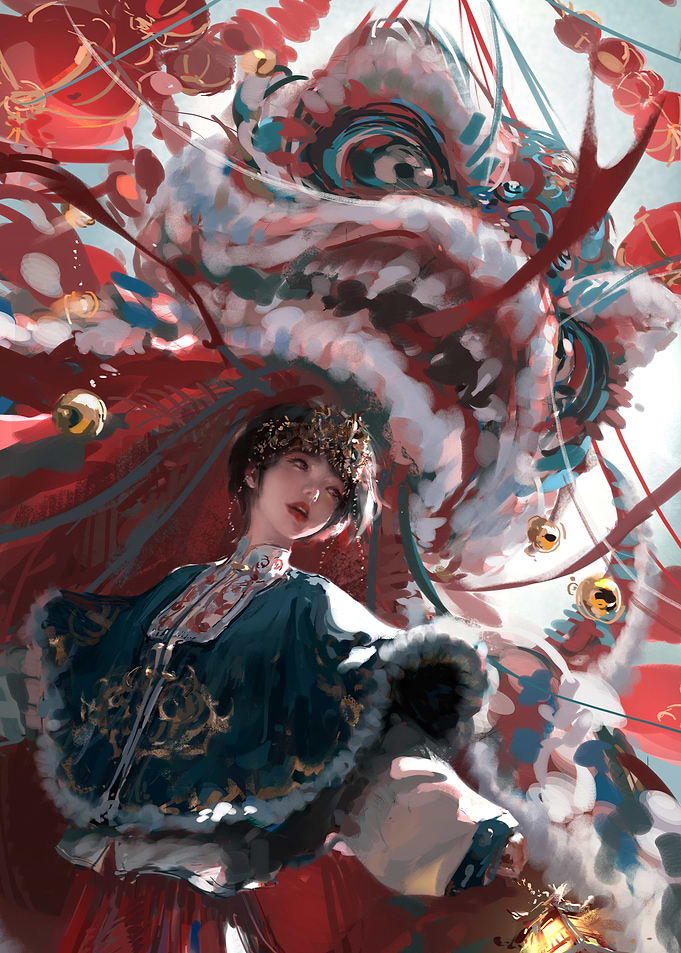 Chinese Lion Dance with Woman