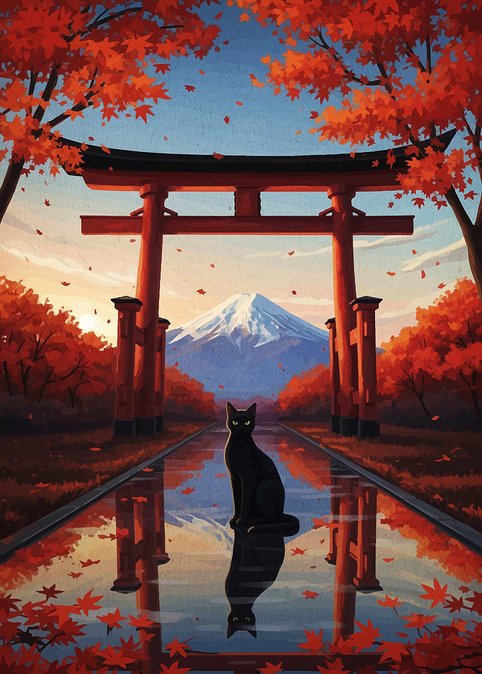 Black Cat at Japanese Torii Gate