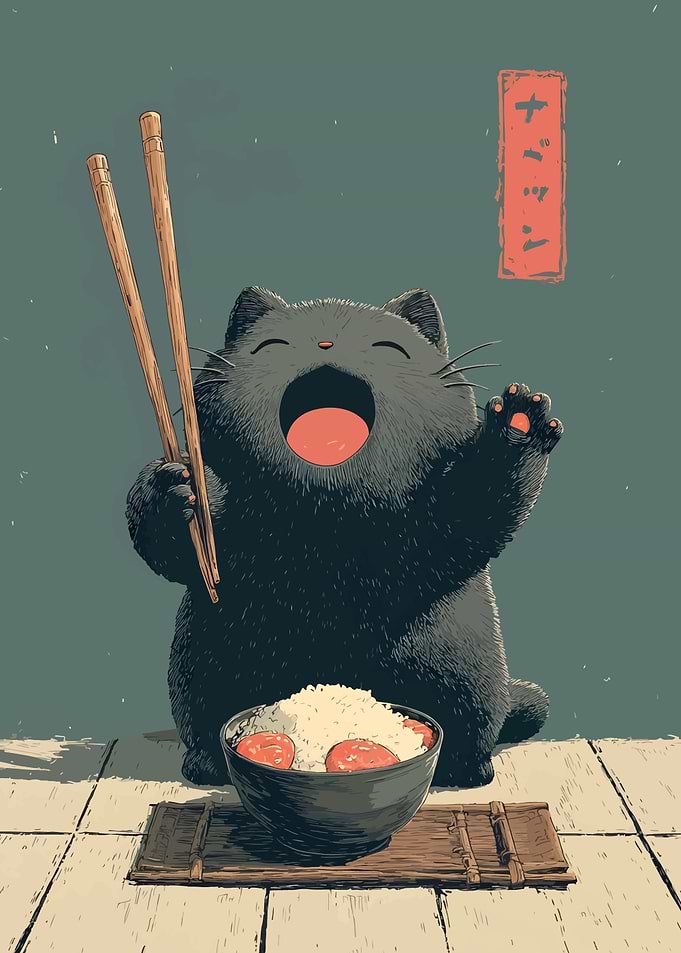 Happy Cat with Rice and Chopsticks