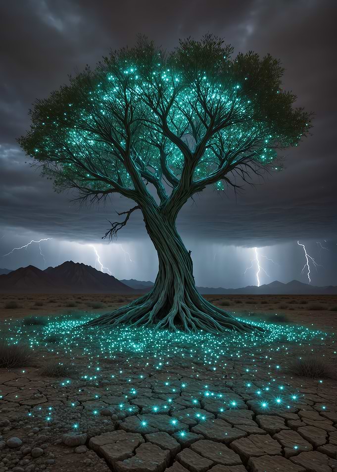Glowing Tree Under Stormy Sky