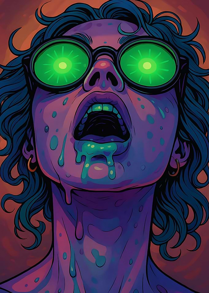 Surreal Portrait with Glowing Green Eyes