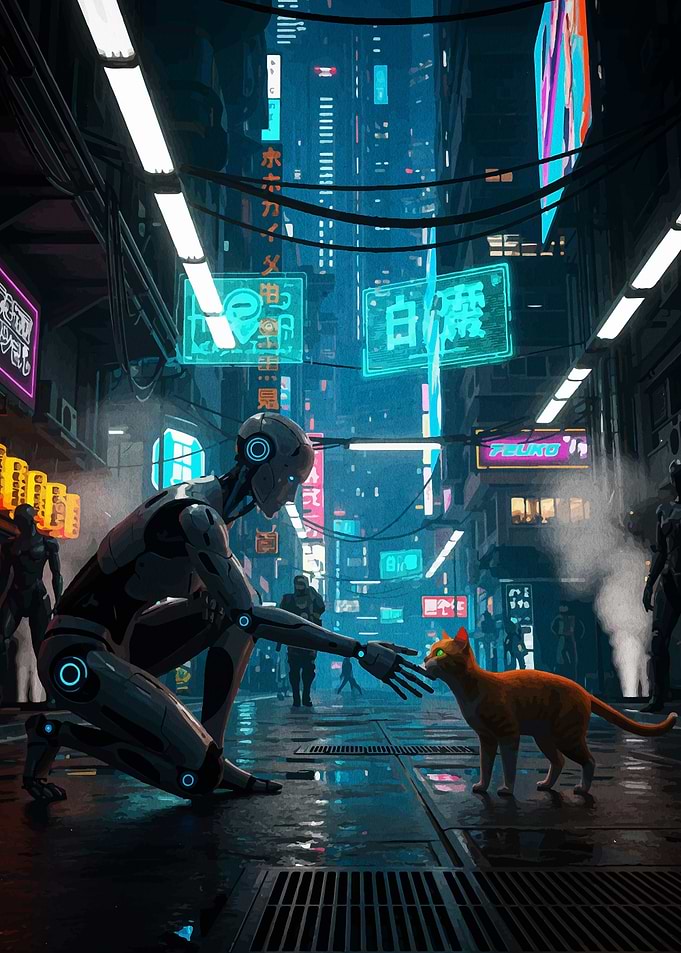 Robot and Cat in Cyberpunk City