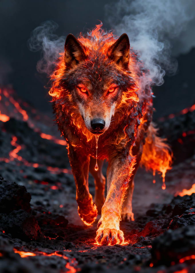Fiery Wolf in Volcanic Landscape