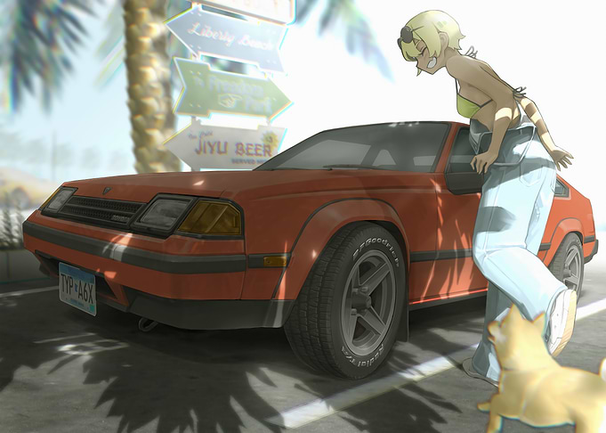 Anime girl with car and dog