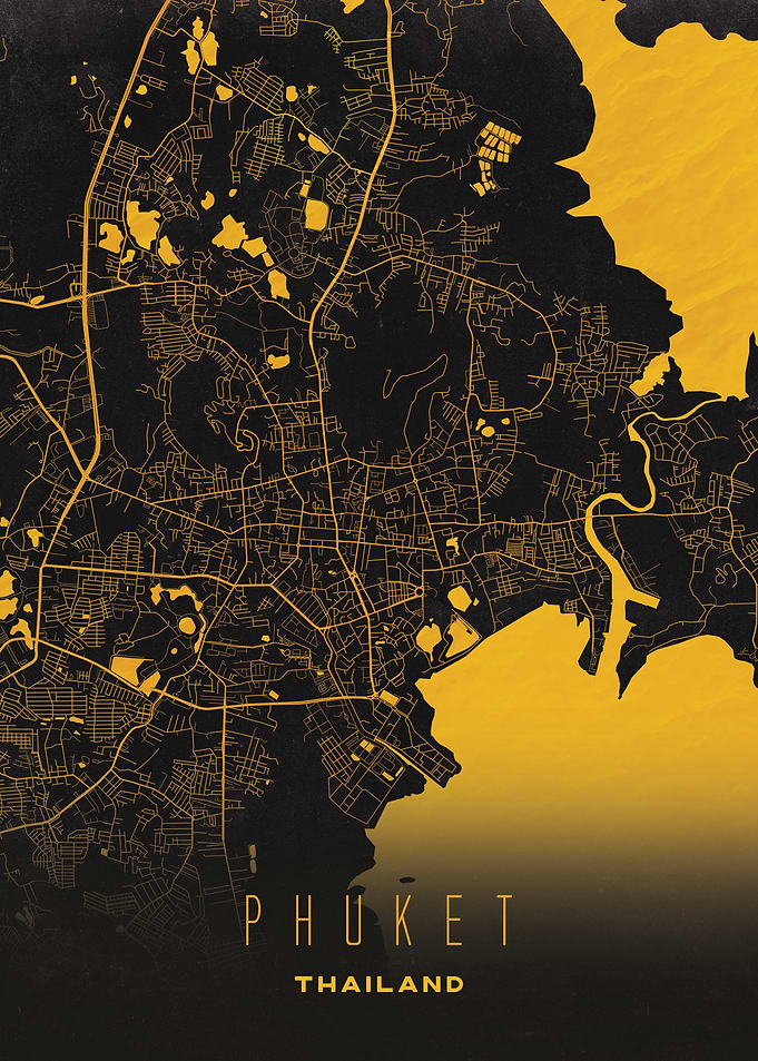 Phuket, Thailand Beach Map Print - Gold Urban Lines for Tropical Spaces