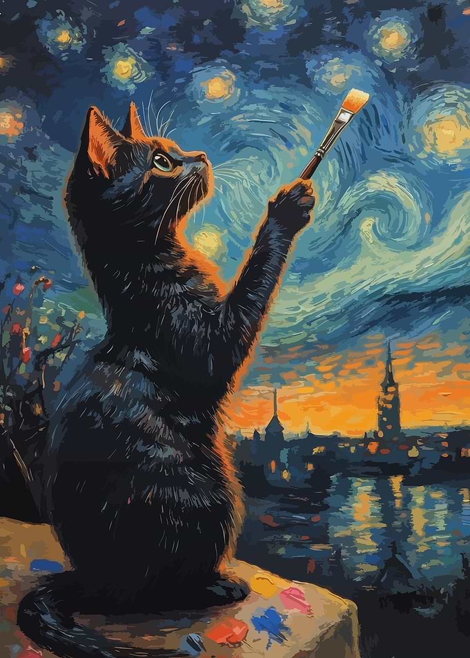 Cat painting the Starry Night
