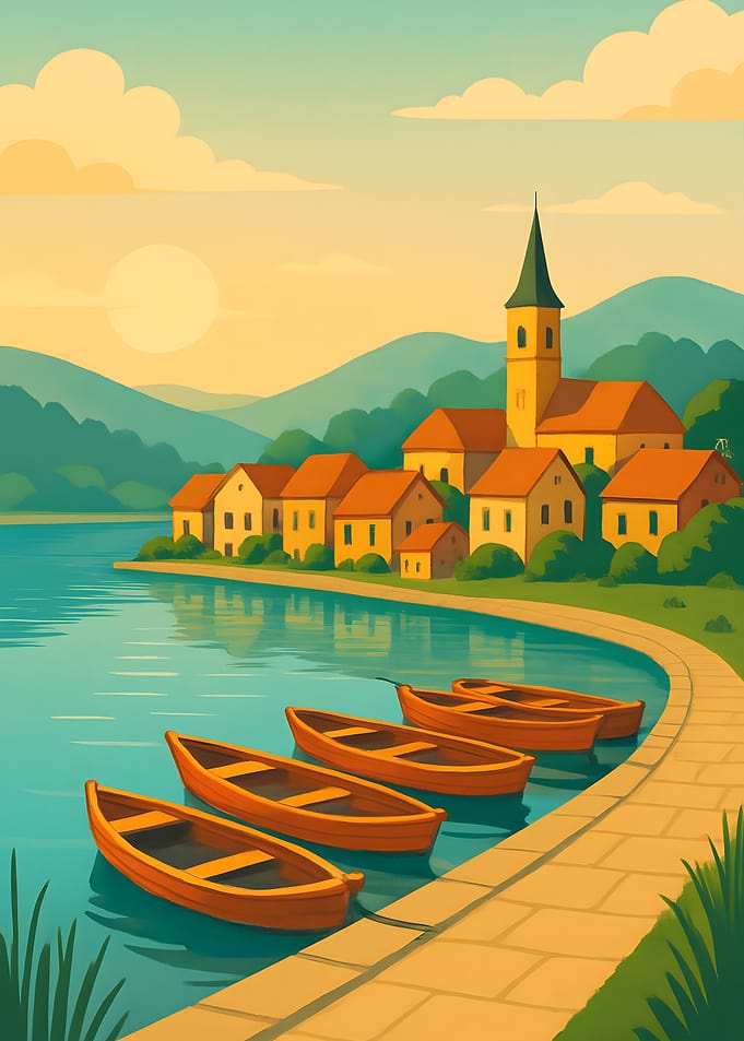 Scenic Lakeside Village with Boats