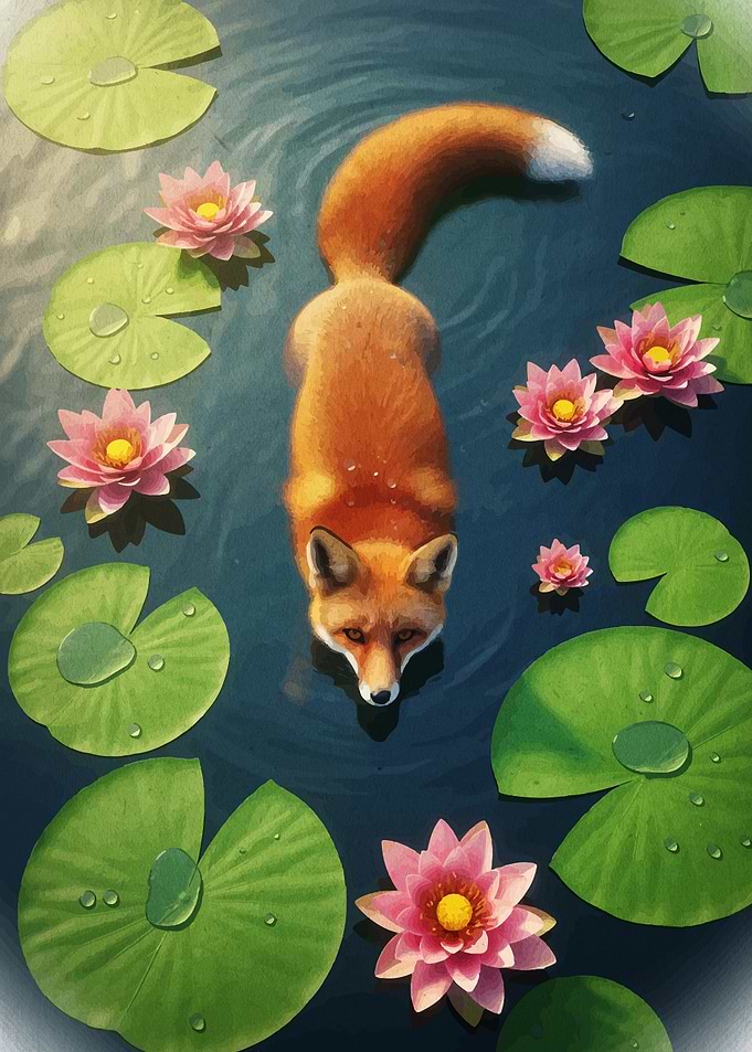 Fox in Water Lilies Pond