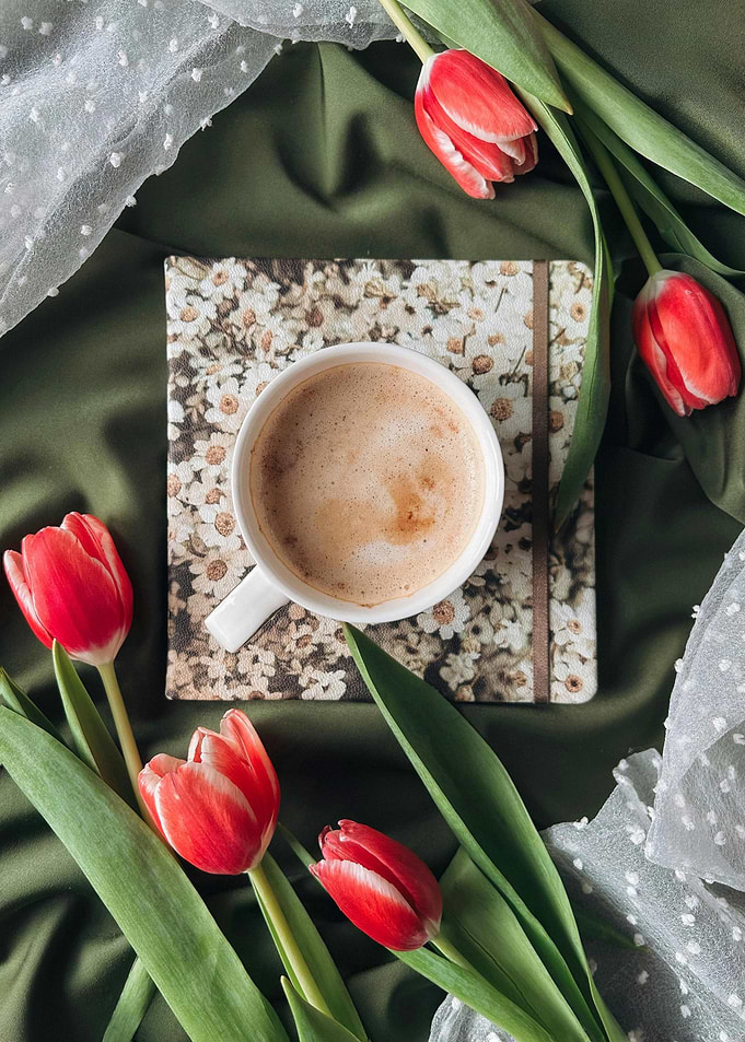 Coffee, Tulips, and Floral Notebook Still