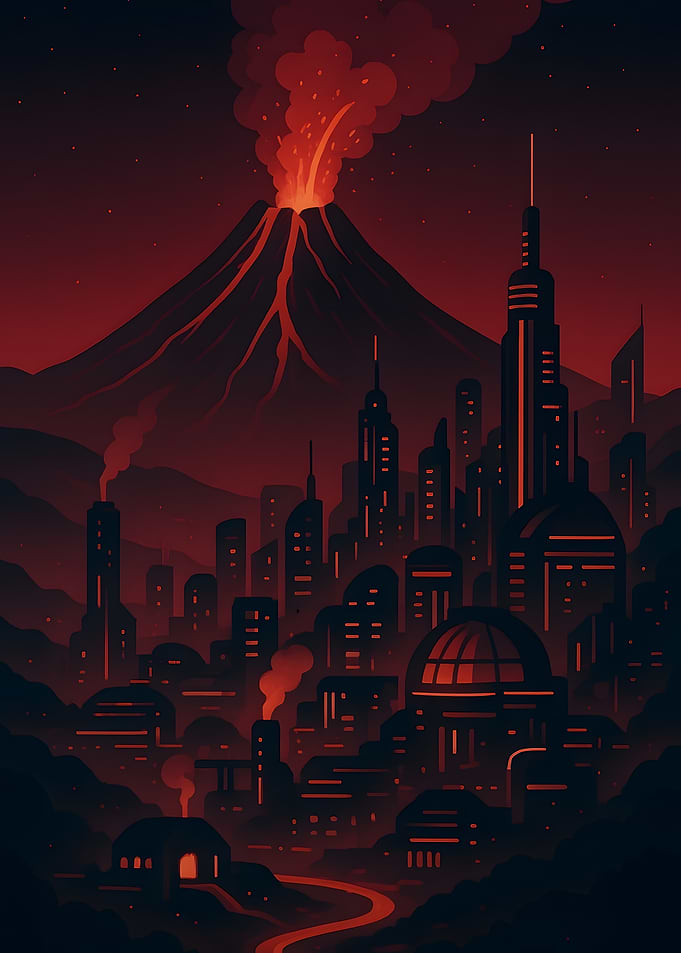 Volcanic Cityscape in Red and Black