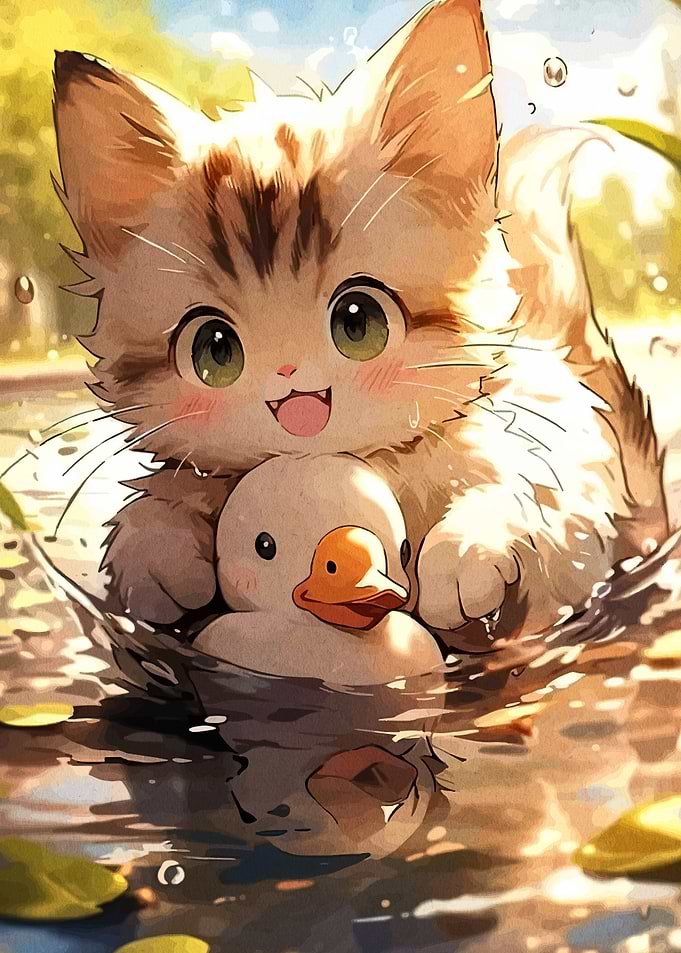 Cute Kitten with Duck Toy in Water