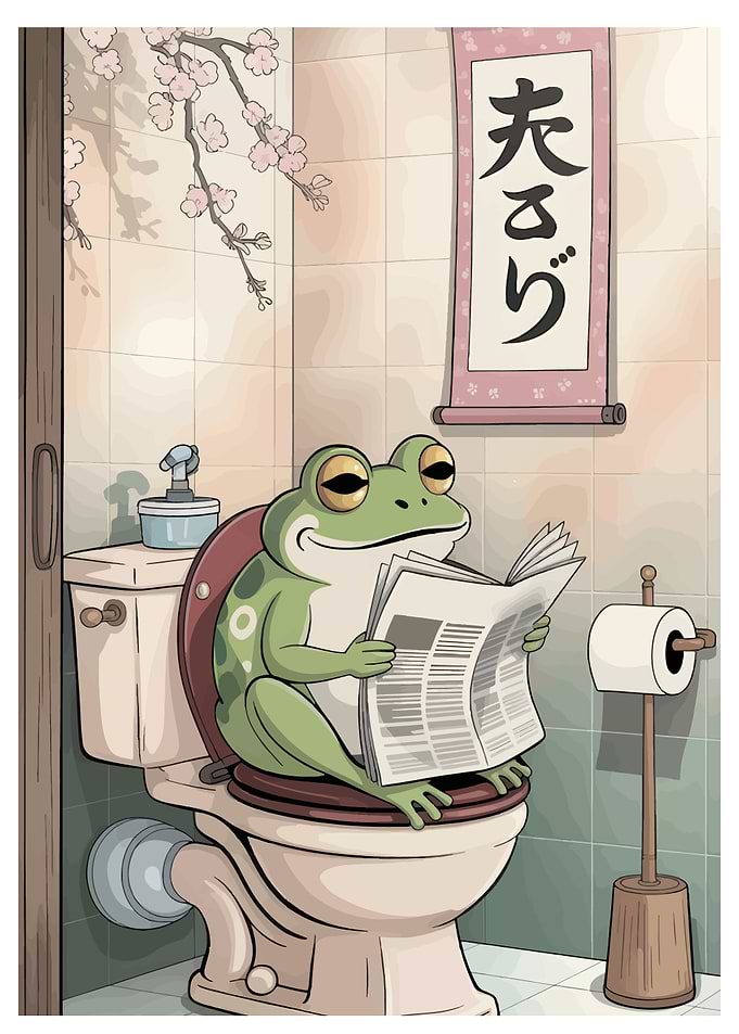 Frog Reading Newspaper on Toilet