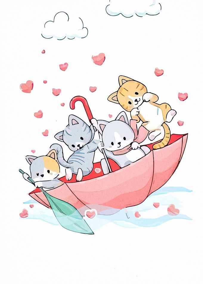 Cats in Umbrella Boat with Hearts