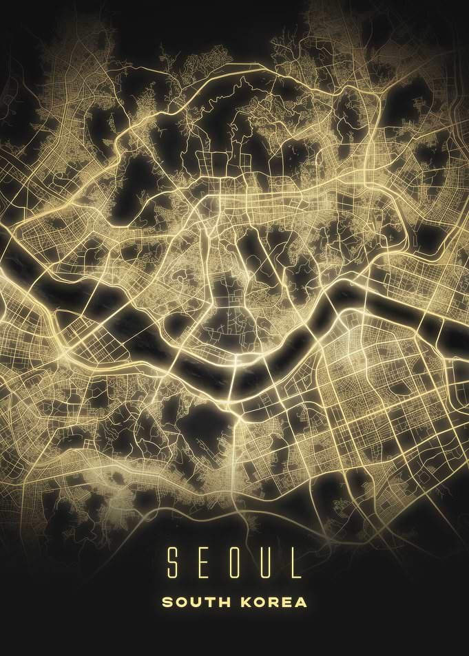 Seoul Night Glow City Map Art - South Korea Urban Style Decor