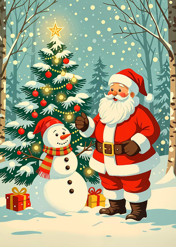 Santa Claus and Snowman Christmas Scene