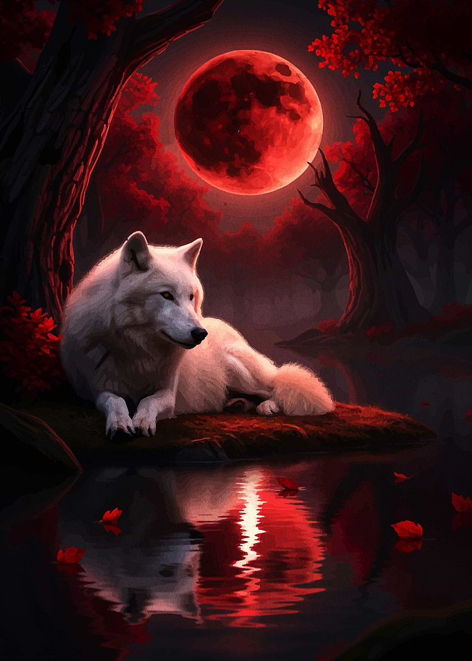 White Wolf Under Red Moon