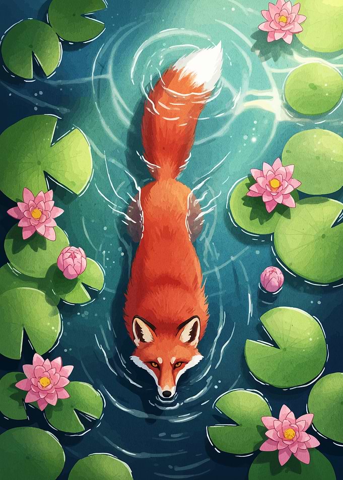 Fox swimming in a pond