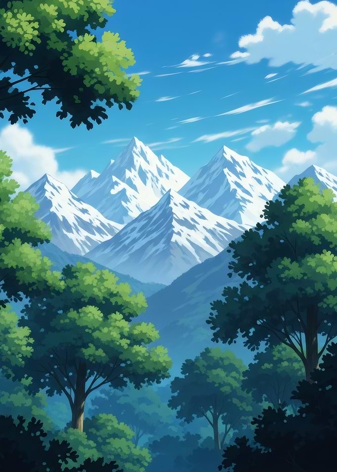 Anime Style Mountain Landscape forest green trees