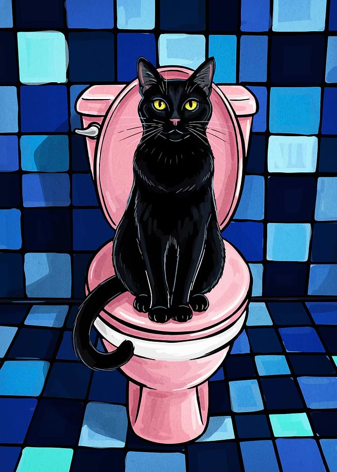 Black cat sitting on pink toilet