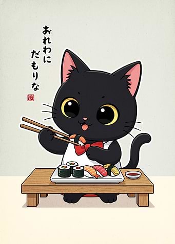 Cute Black Cat Eating Sushi