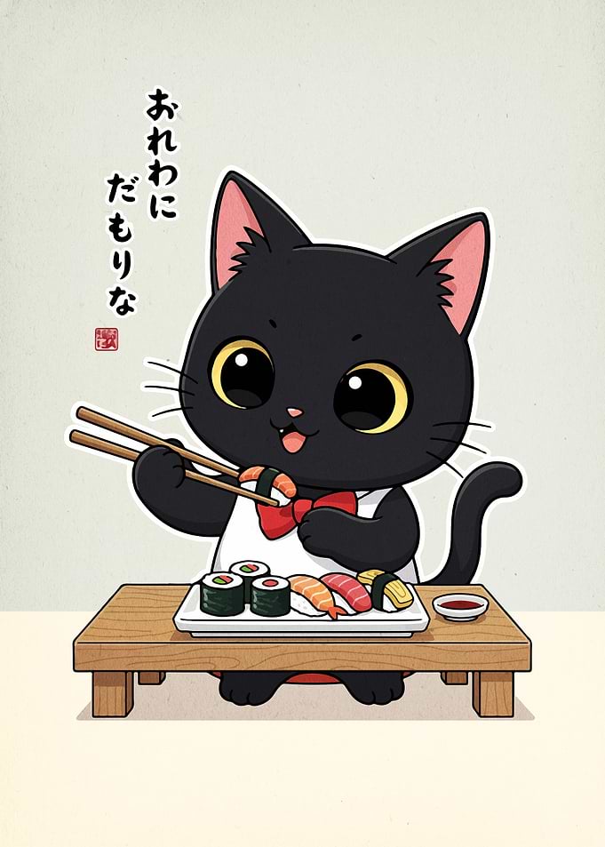 Cute Black Cat Eating Sushi