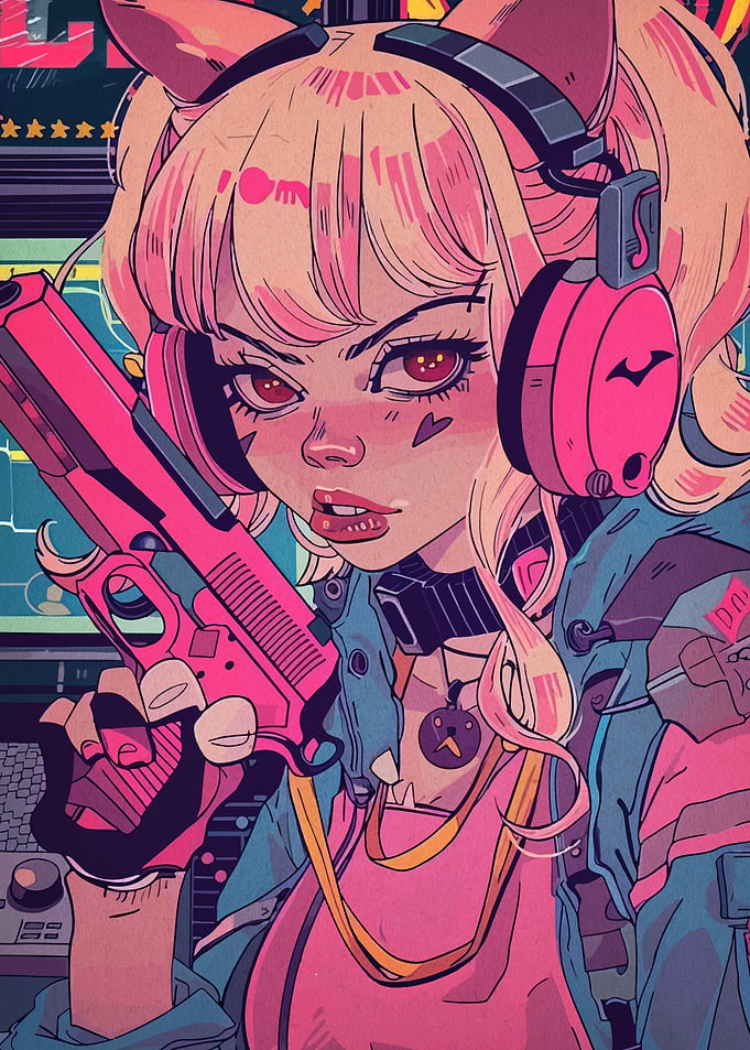 Anime Girl with Gun and Headphones