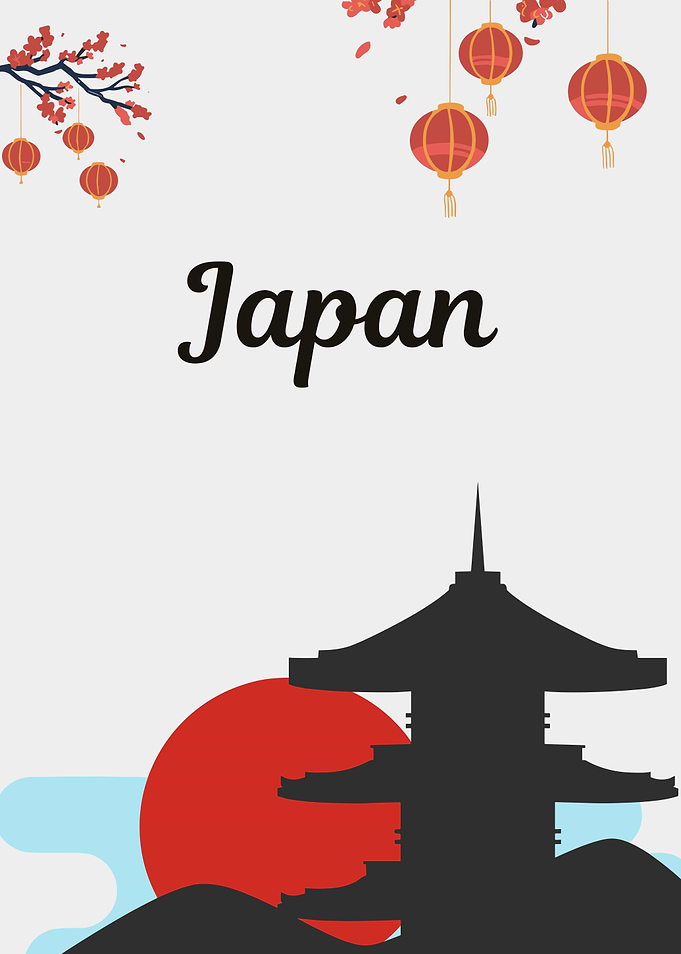 Japan Illustration with Pagoda and Lanterns