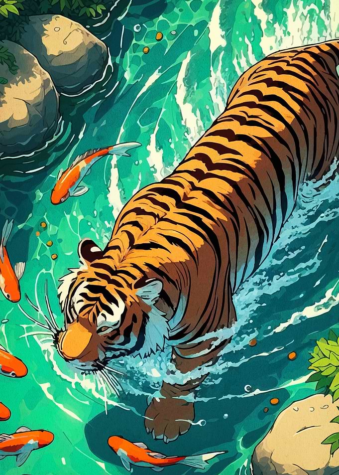 Tiger swimming in water with koi fish
