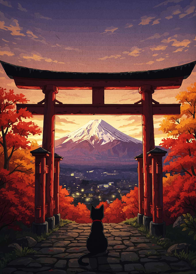 Cat gazing at Mount Fuji through Torii