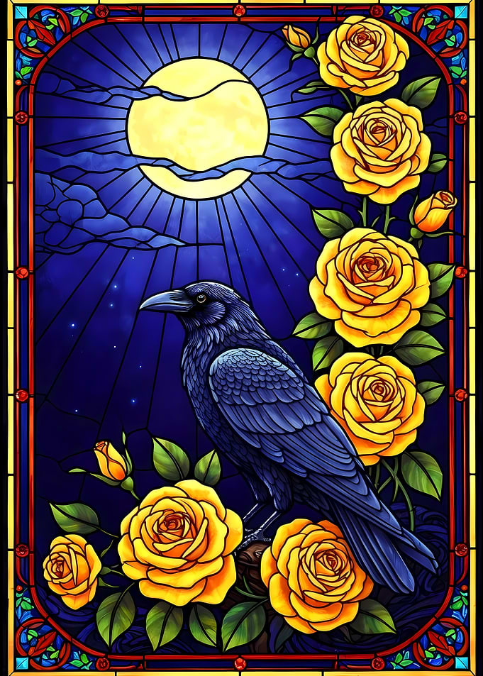 Raven and Roses Stained Glass Art
