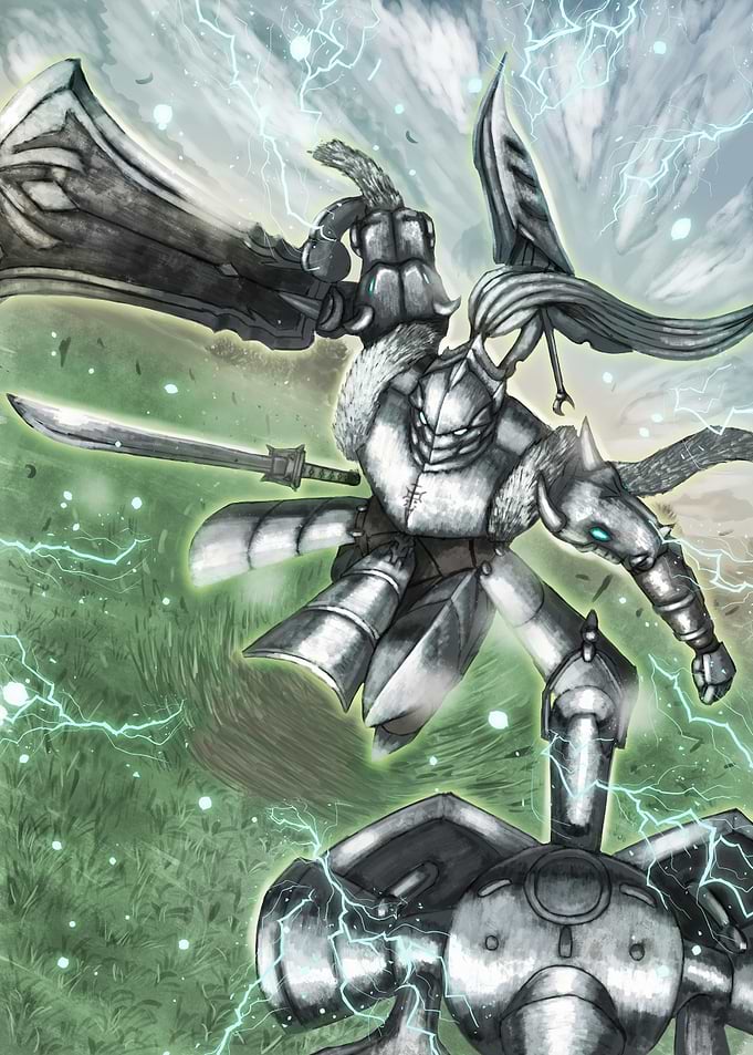 Armored Warrior with Robot in Field