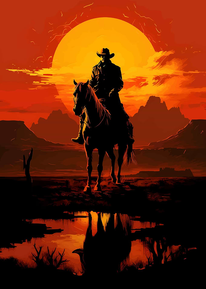 Cowboy on Horseback at Sunset