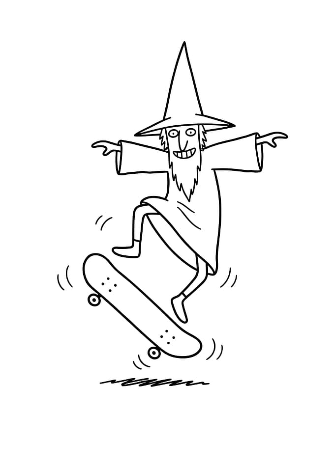 Wizard on Skateboard Line Art