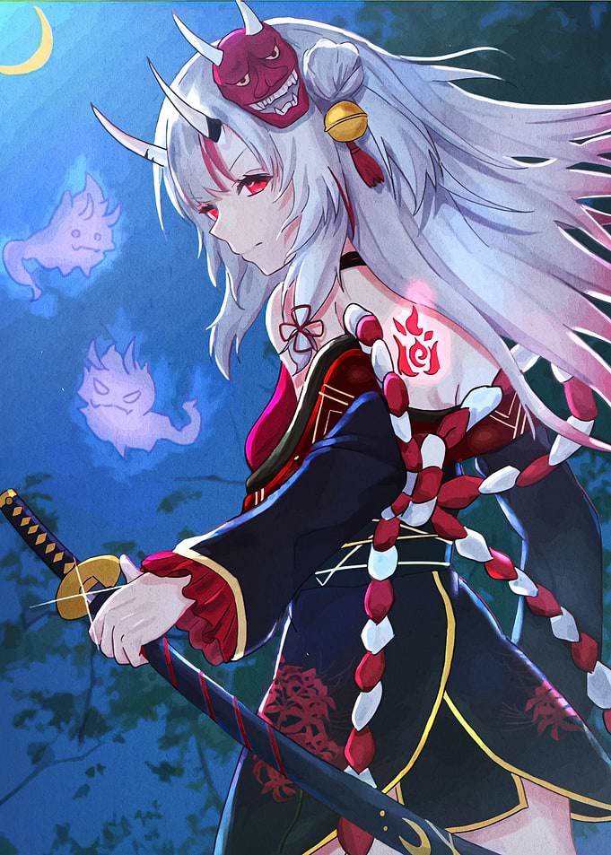 Anime Girl with Oni Mask and Swords