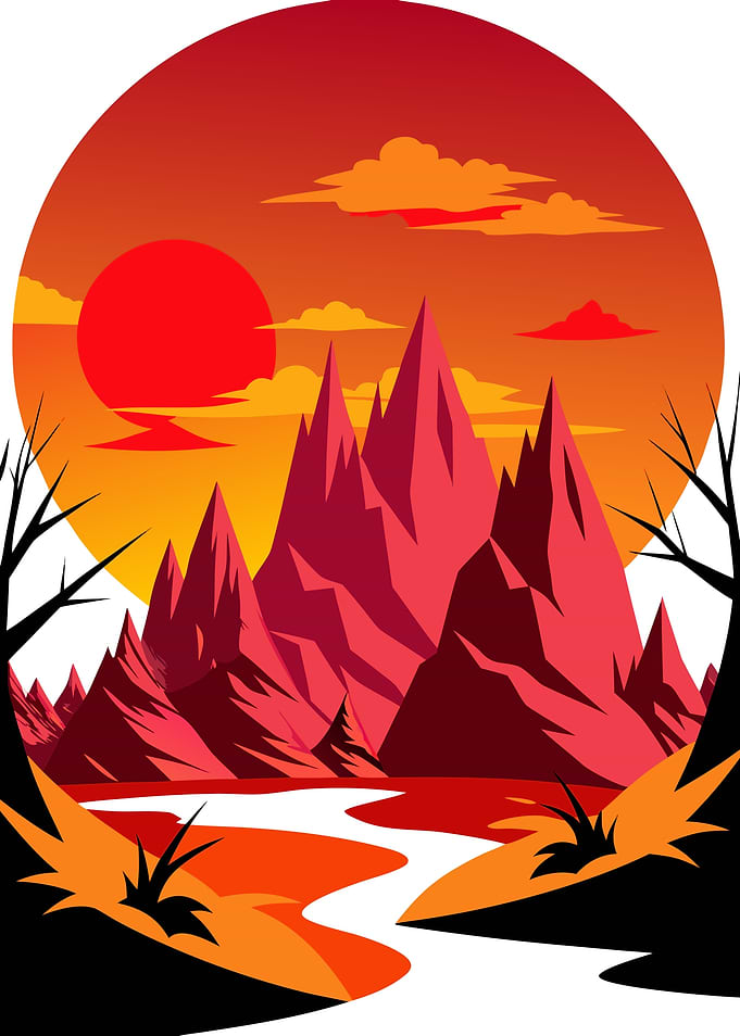 Majestic Stylized Japanese Mountain Landscape during a Vibrant Sunset Metal Wall Print Art