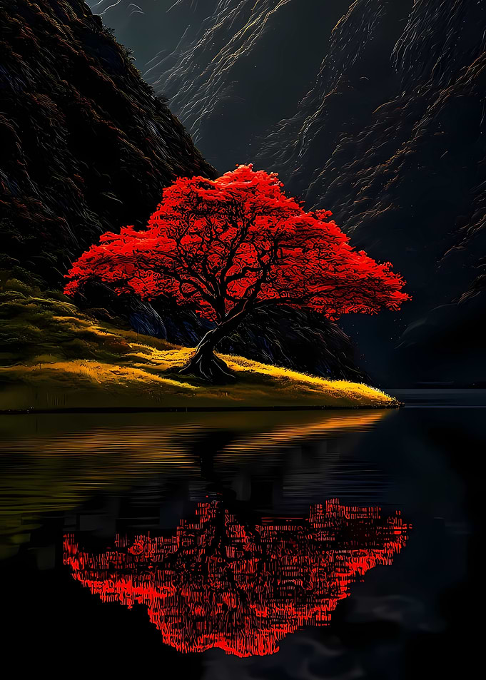 Red Tree Reflection in Dark Lake
