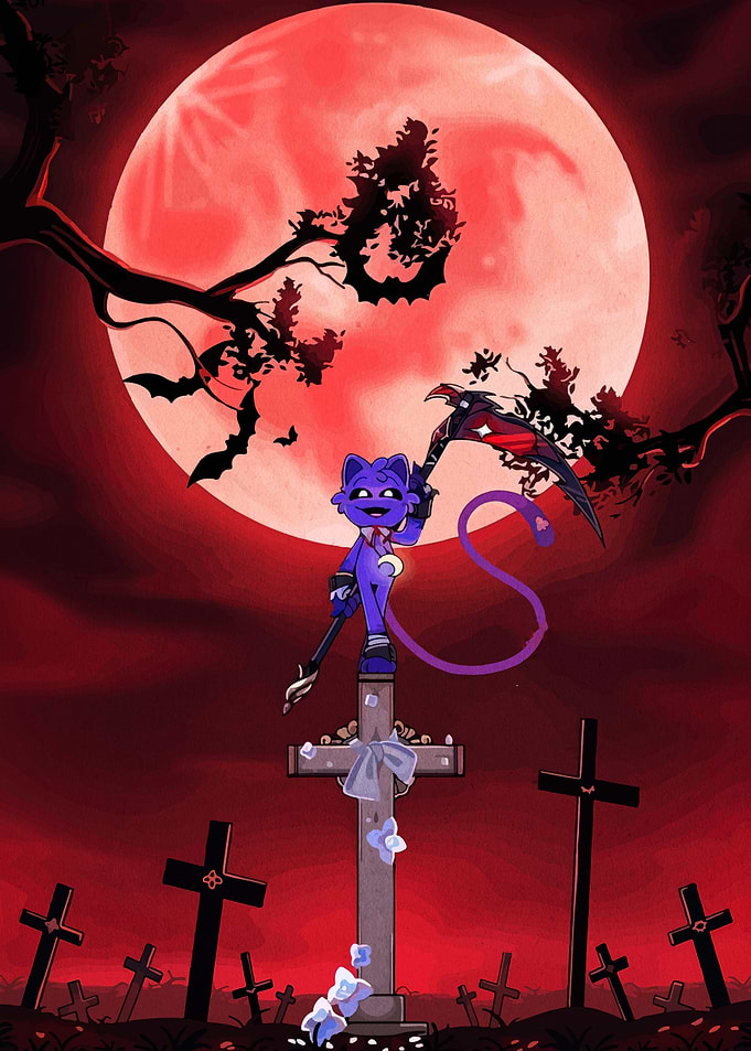 Cartoon Cat Grim Reaper in Cemetery