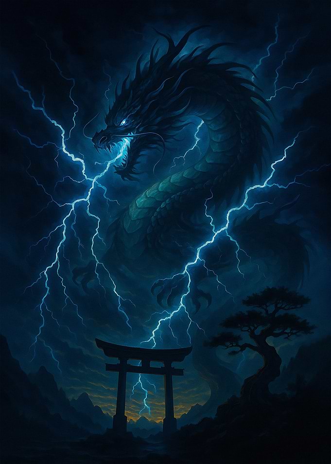 Storm Dragon Night, Lightning, and Torii Gate