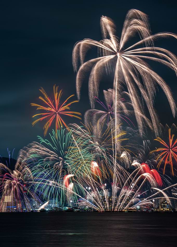 Fireworks Display Over City at Night