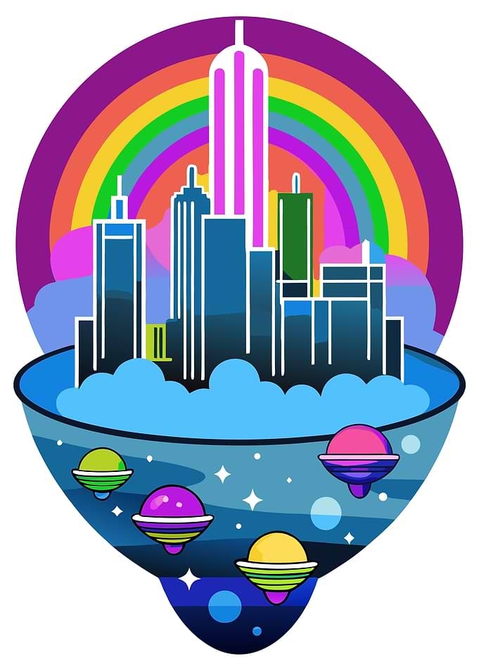 Retro-Future City Skyline & UFOs in Liquid Orb Metal Print Art