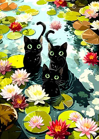 Black Cats in Lily Pond