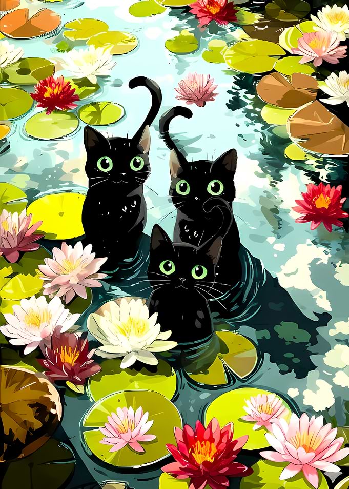 Black Cats in Lily Pond