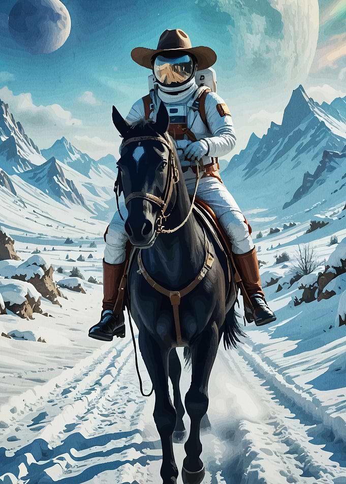 Astronaut Cowboy Horse Snowy Mountains