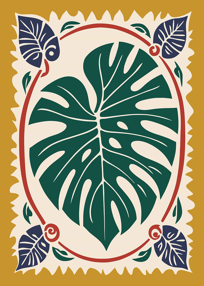 Monstera Leaf Illustration with Decorative Border