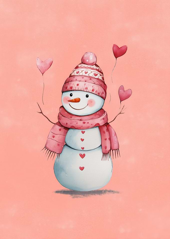 Watercolor Snowman with Hearts