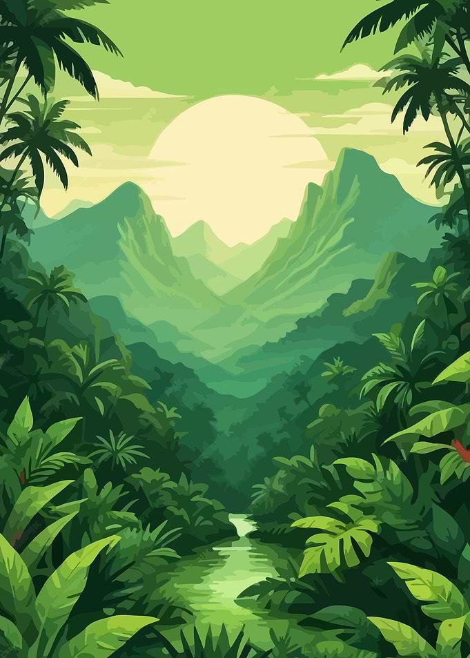 Lush Green Tropical Jungle Landscape Art