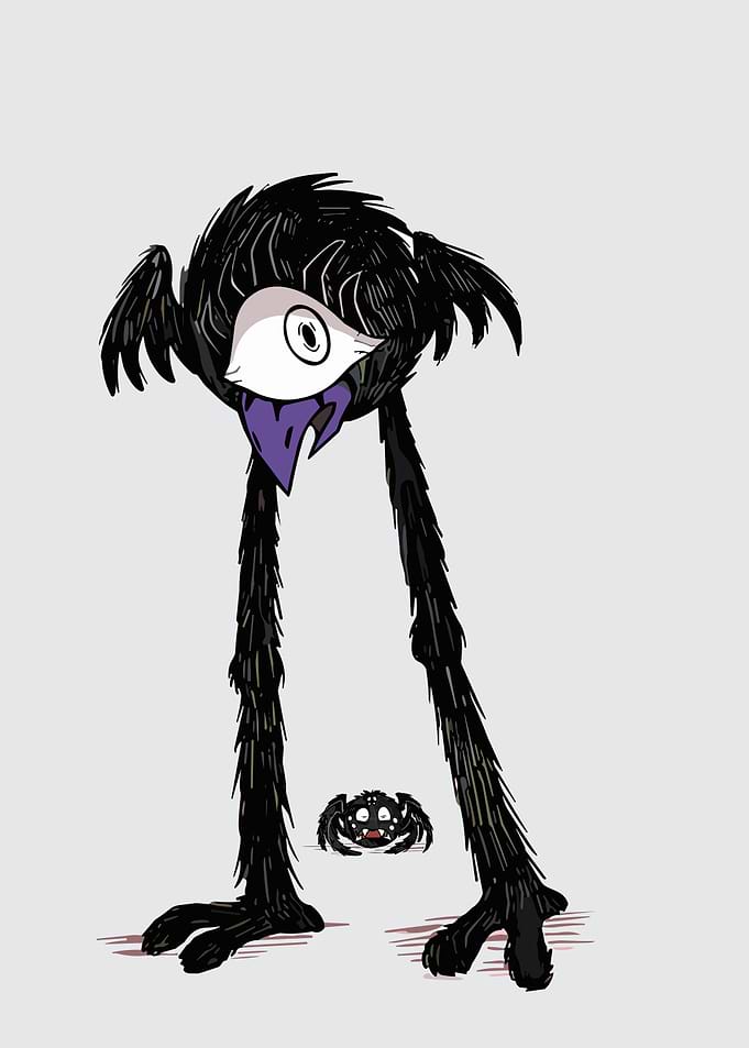 Tall Black Creature with Spider Friend