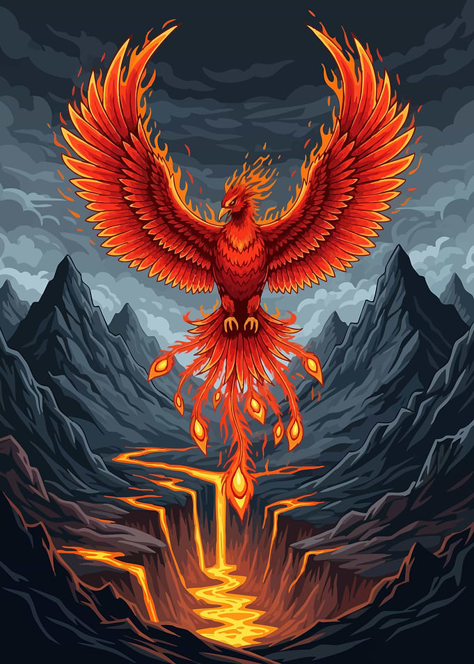 Fiery Phoenix Rising from Lava